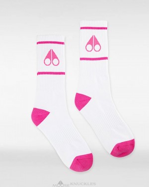 White / Fashion Pink Men Moose Knuckles Logo Icon Socks Socks | NCS-146809