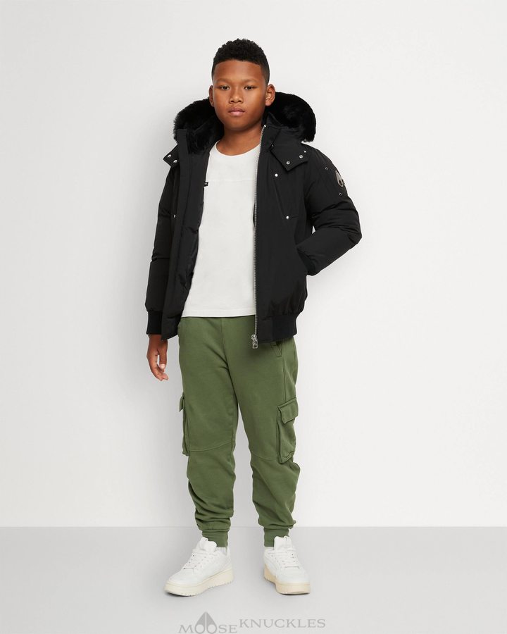 Black / Black Shearling Kids' Moose Knuckles Bomber Shearling Bomber Jackets | KOW-359817