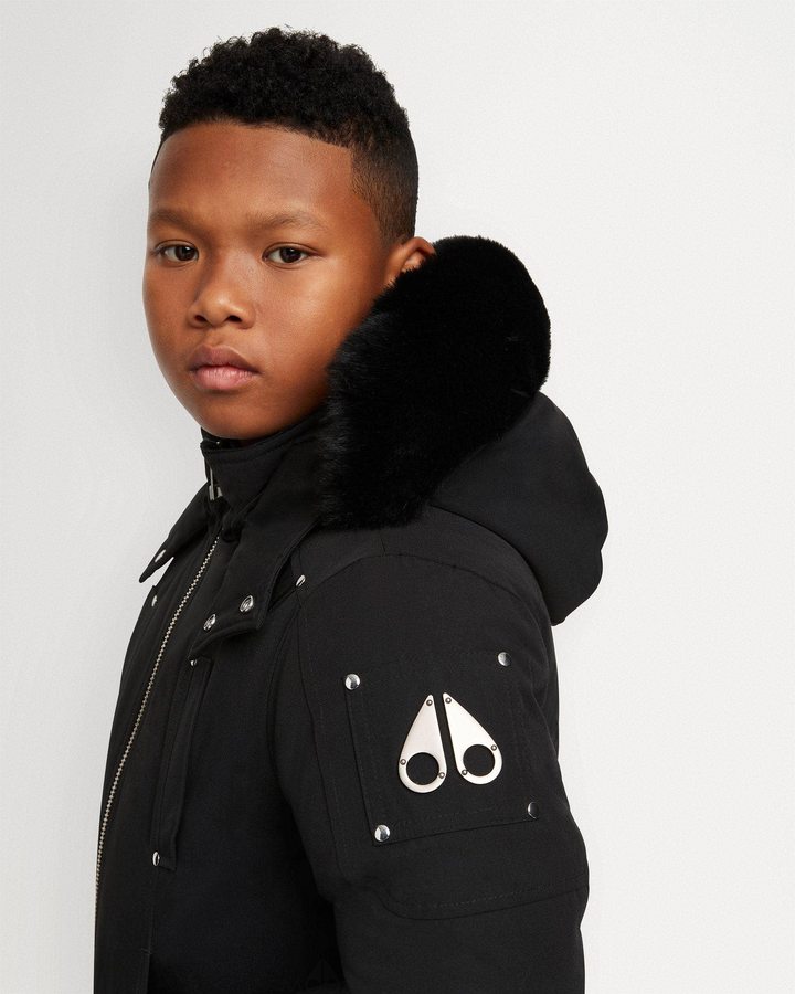 Black / Black Shearling Kids' Moose Knuckles Bomber Shearling Bomber Jackets | KOW-359817