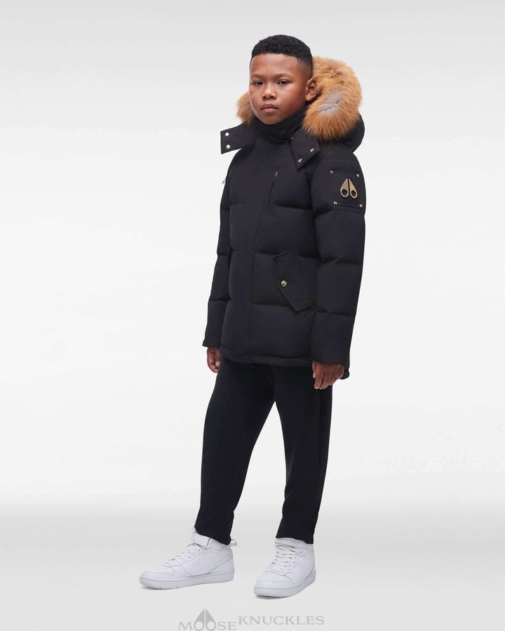 Black / Gold Fox Fur Kids' Moose Knuckles Gold 3q Fur Jackets | PWX-129574