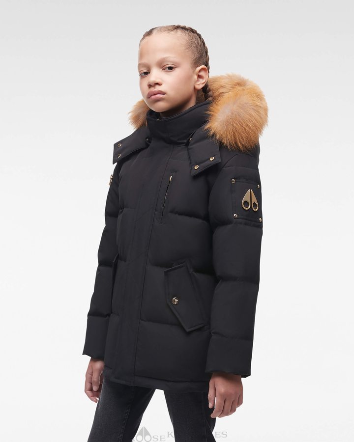 Black / Gold Fox Fur Kids\' Moose Knuckles Gold 3q Fur Jackets | PWX-129574