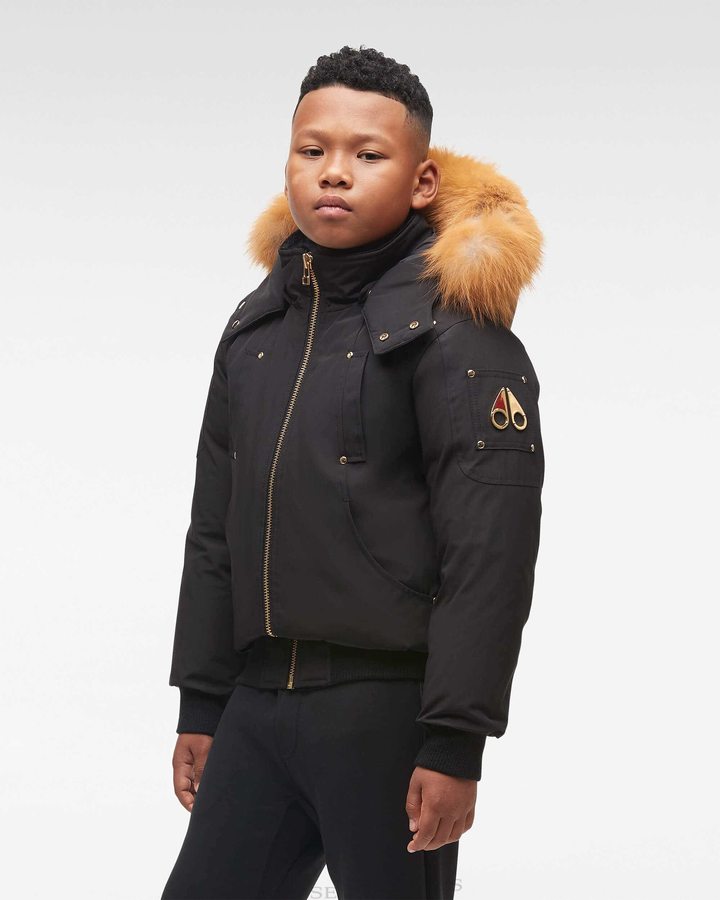 Black / Gold Fox Fur Kids' Moose Knuckles Gold Bomber Fur Bomber Jackets | MFB-407813