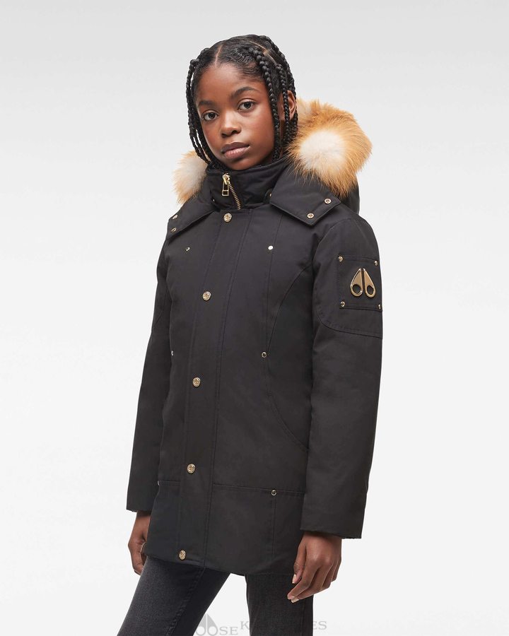 Black / Gold Fox Fur Kids' Moose Knuckles Gold Parka Parkas | GKI-189354