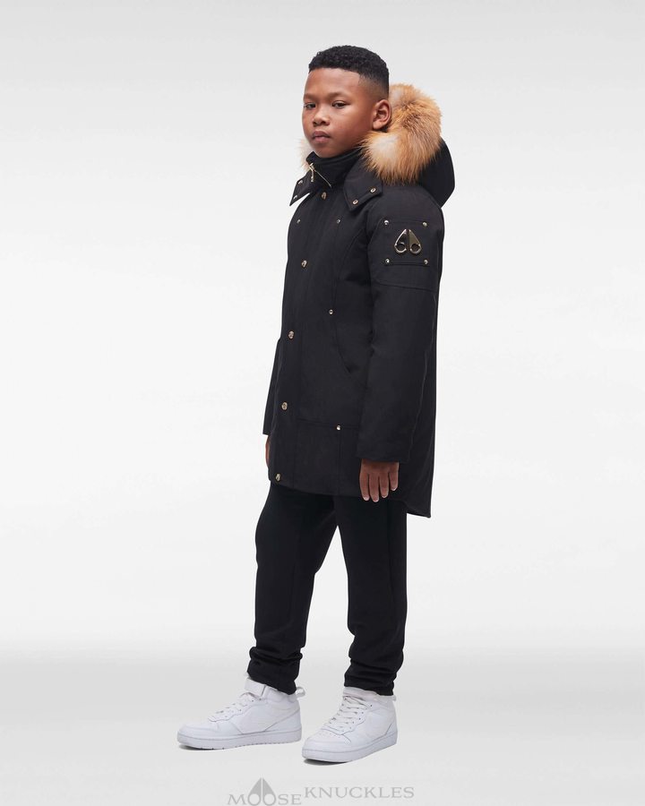 Black / Gold Fox Fur Kids' Moose Knuckles Gold Parka Parkas | GKI-189354