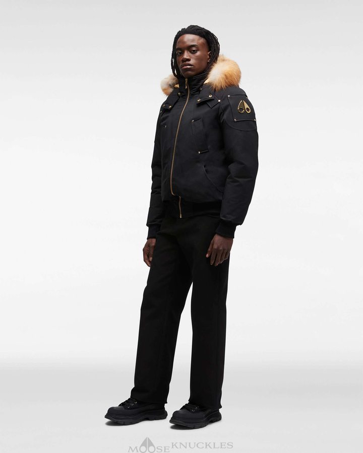 Black / Gold Fox Fur Men Moose Knuckles Gold Ballistic Bomber Fur Bomber Jackets | PSZ-968754