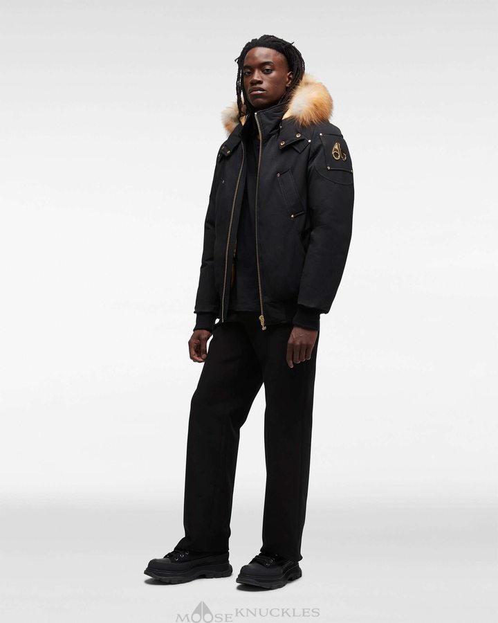 Black / Gold Fox Fur Men Moose Knuckles Gold Ballistic Bomber Fur Bomber Jackets | PSZ-968754