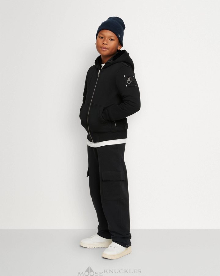 Black / Shiny Black Kids' Moose Knuckles Classic Bunny Hoodie | PXH-876920