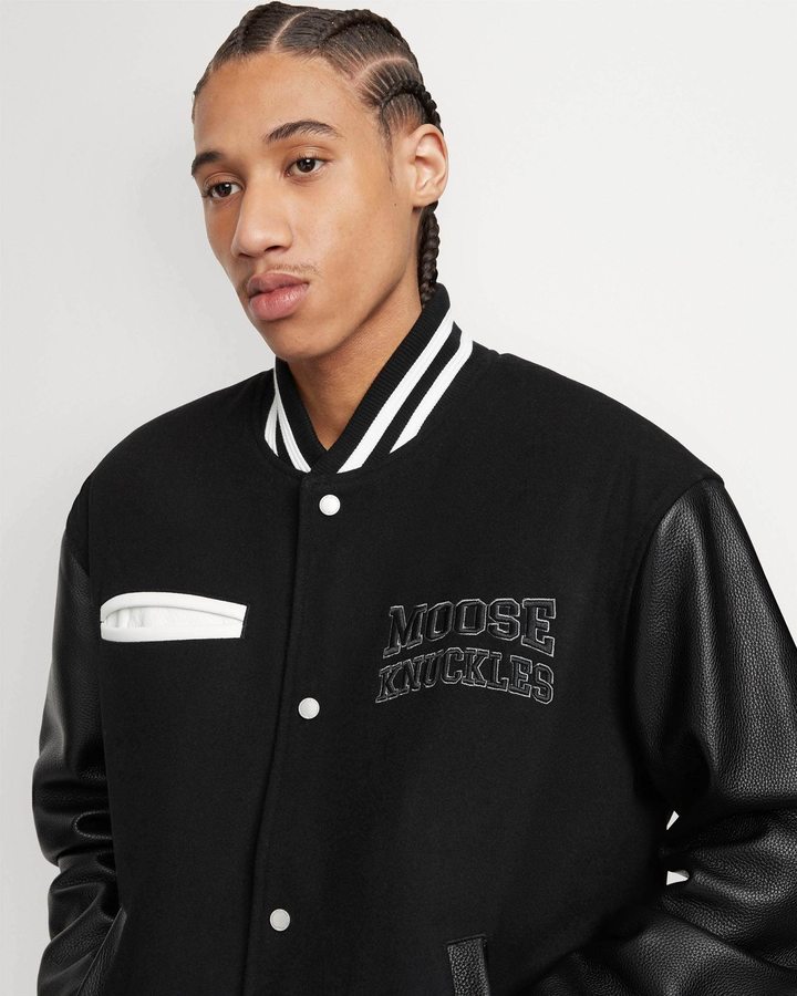 Black / Shiny Black Men Moose Knuckles Moose Varsity Bomber Bomber Jackets | UJV-965380