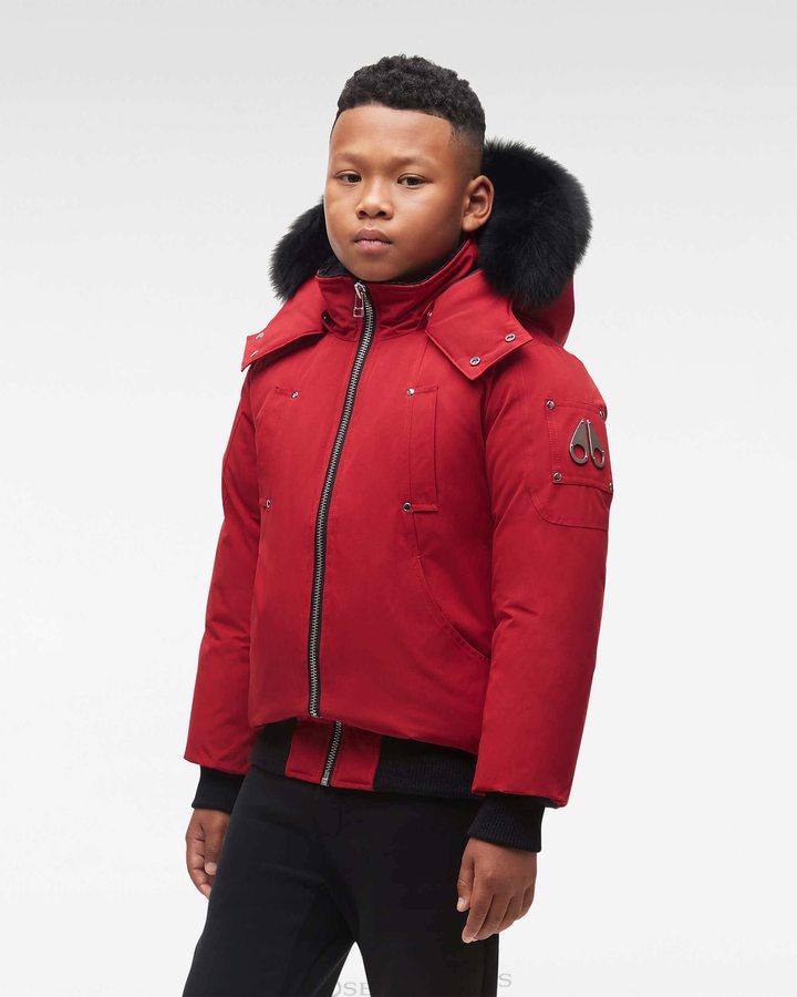 Deep Red / Black Fox Fur Kids' Moose Knuckles Original Bomber Fur Bomber Jackets | HKA-874059