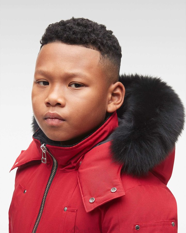 Deep Red / Black Fox Fur Kids' Moose Knuckles Original Bomber Fur Bomber Jackets | HKA-874059