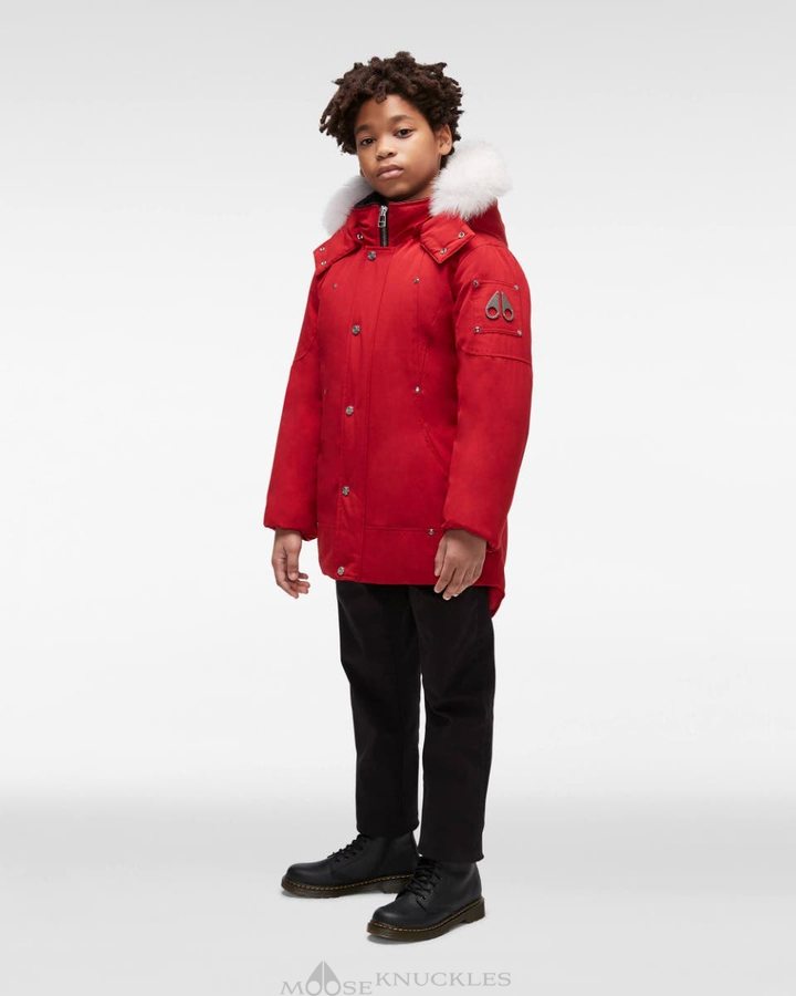 Deep Red / Black Fox Fur Kids' Moose Knuckles Original Parka Fur Parkas | YGP-453097