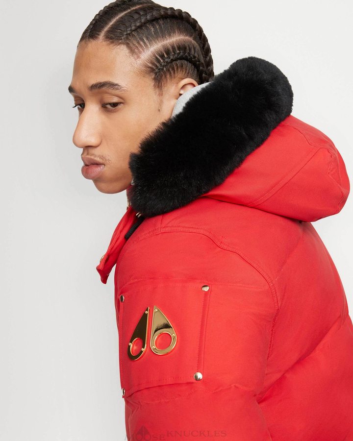 Fire Red / Black Shearling Men Moose Knuckles Gold 3q Jacket Shearling Jackets | WZN-012784