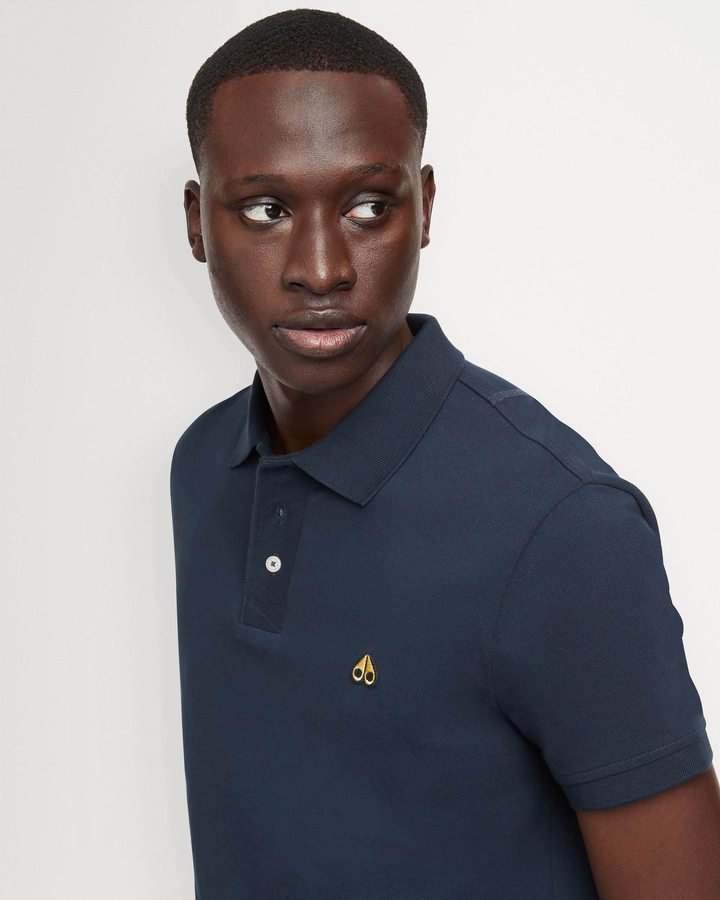 Navy Men Moose Knuckles Pique Gold Polo Tees | OTE-854063