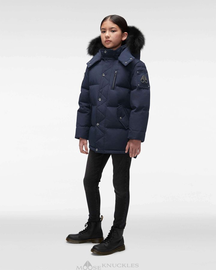 Navy / Black Fox Fur Kids' Moose Knuckles Original 3q Fur Jackets | VAC-467218