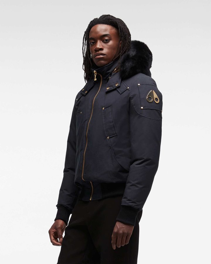 Navy / Black Fox Fur Men Moose Knuckles Gold Ballistic Bomber Fur Bomber Jackets | UHC-312096