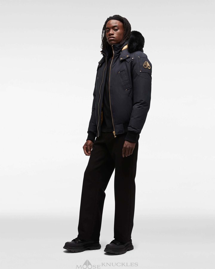 Navy / Black Fox Fur Men Moose Knuckles Gold Ballistic Bomber Fur Bomber Jackets | UHC-312096