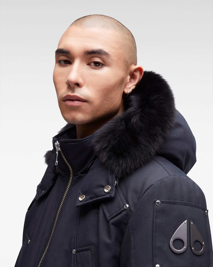 Navy / Black Fox Fur Men Moose Knuckles Original Ballistic Bomber Fur Bomber Jackets | LZX-461807