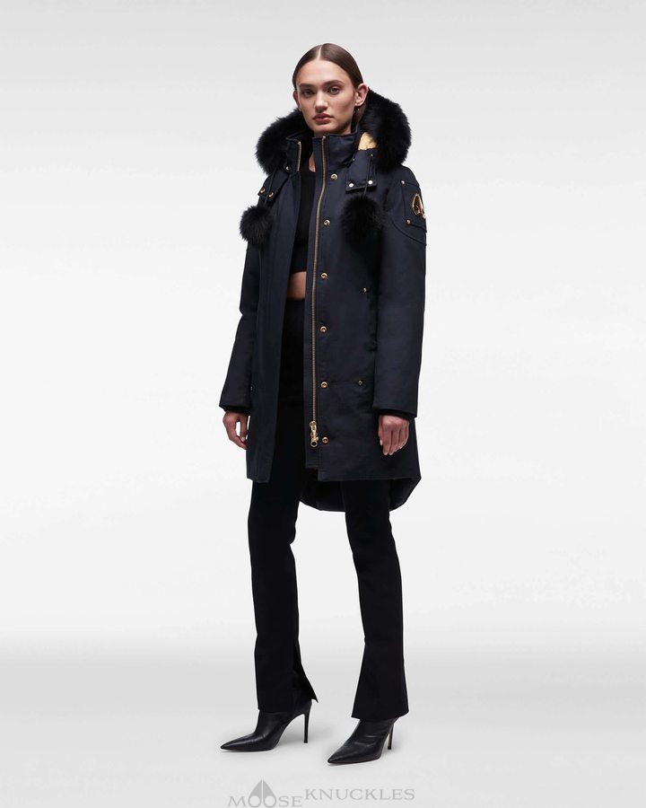 Navy / Black Fox Fur Women Moose Knuckles Gold Stirling Parka Fur Parkas | AFX-436921