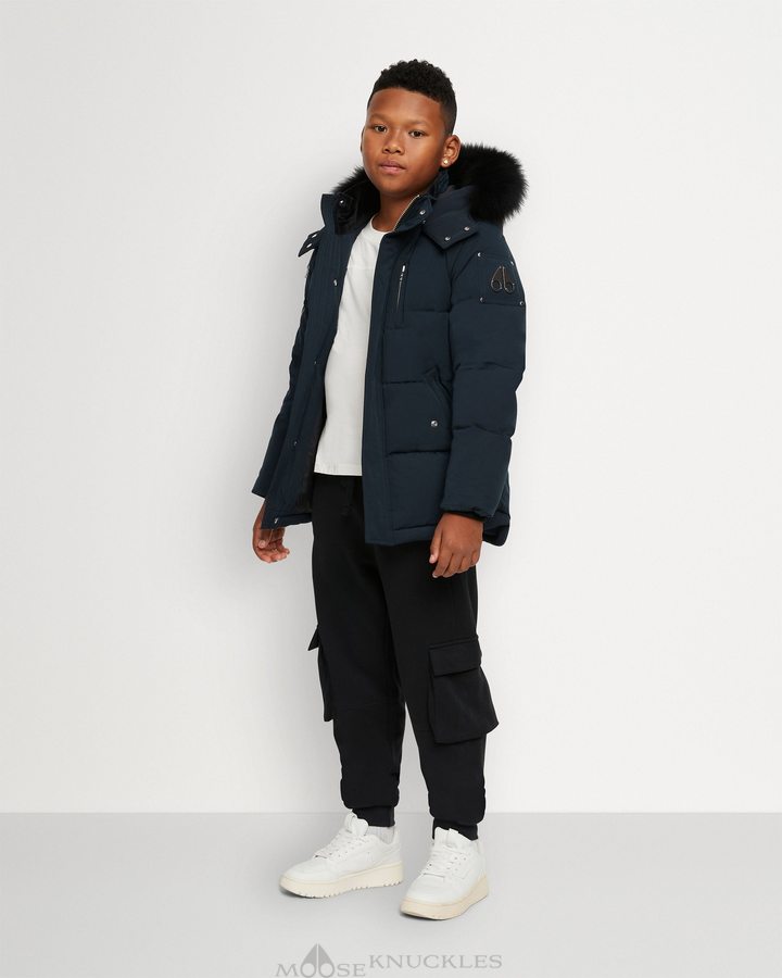 Navy / Black Shearling Kids\' Moose Knuckles Original 3q Shearling Jackets | FMN-429015