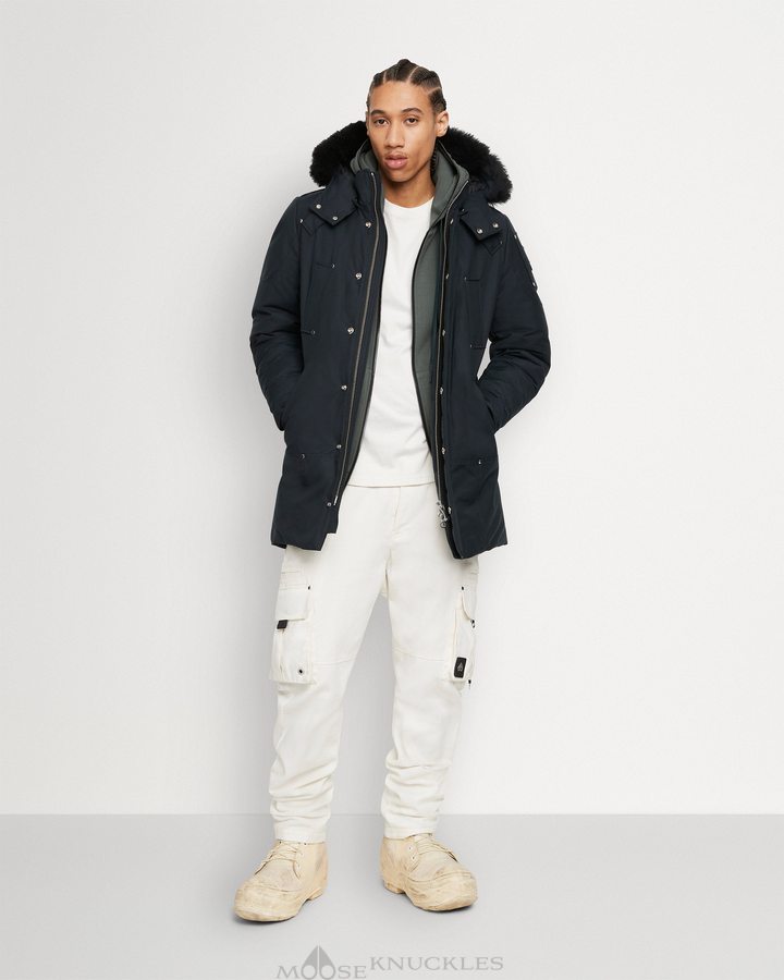 Navy / Black Shearling Men Moose Knuckles Original Stirling Parka Shearling Parkas | PDC-437106