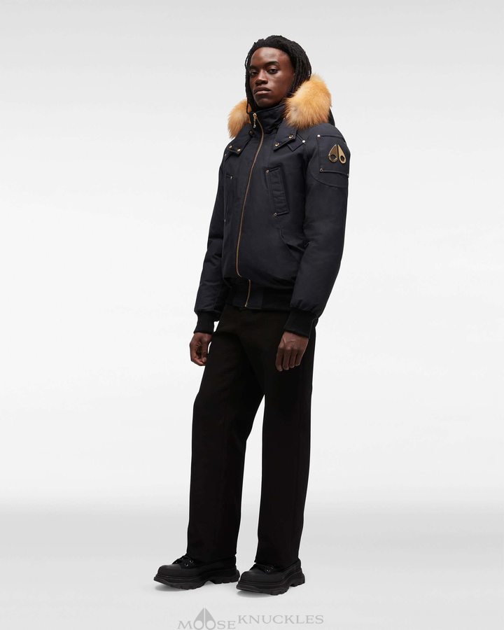 Navy / Gold Fox Fur Men Moose Knuckles Gold Ballistic Bomber Fur Bomber Jackets | VFR-298750