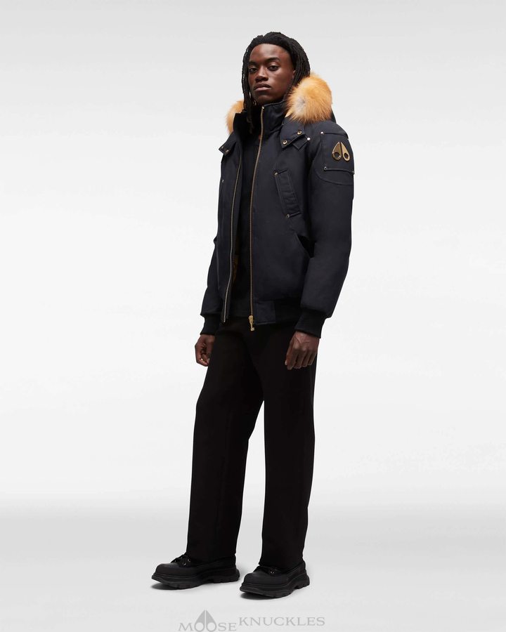 Navy / Gold Fox Fur Men Moose Knuckles Gold Ballistic Bomber Fur Bomber Jackets | VFR-298750