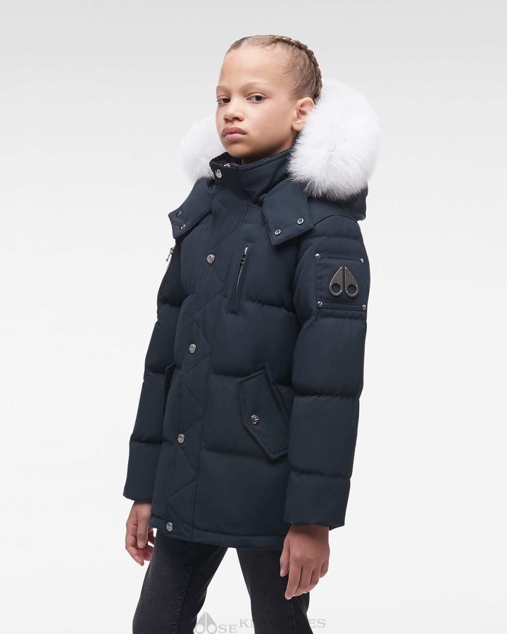 Navy / Natural Fox Fur Kids' Moose Knuckles Original 3q Fur Jackets | DXV-950243