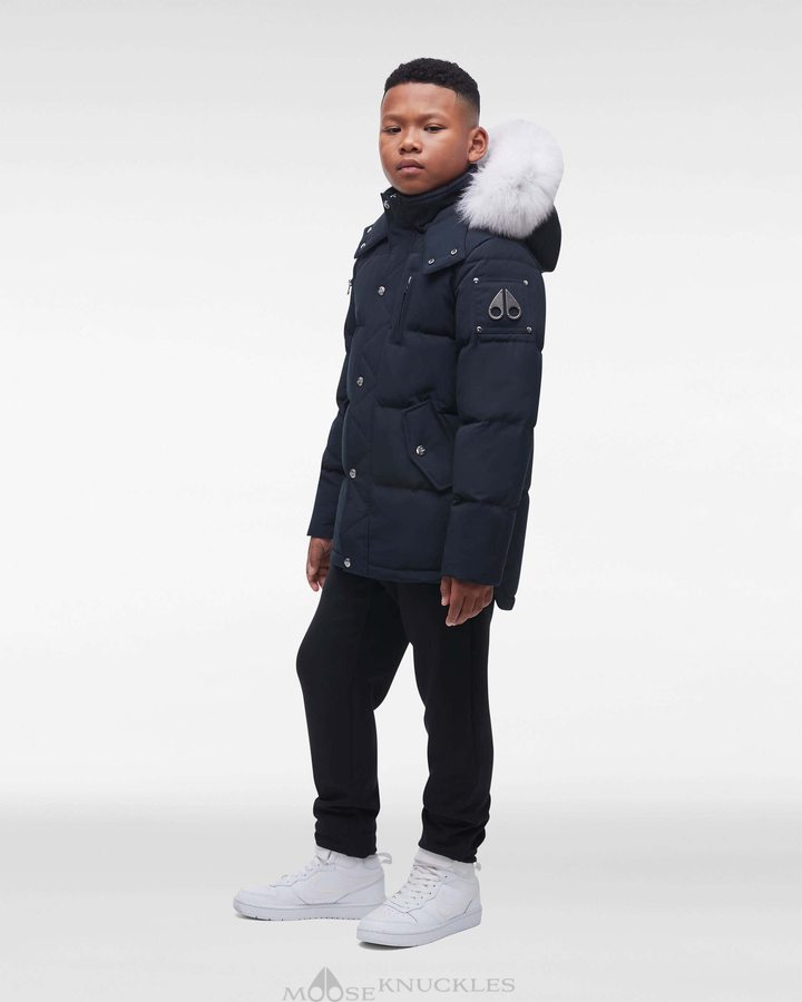 Navy / Natural Fox Fur Kids' Moose Knuckles Original 3q Fur Jackets | DXV-950243