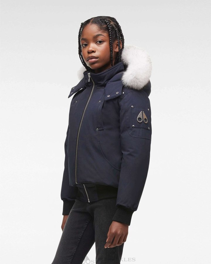 Navy / Natural Fox Fur Kids' Moose Knuckles Original Bomber Fur Bomber Jackets | OZC-123987