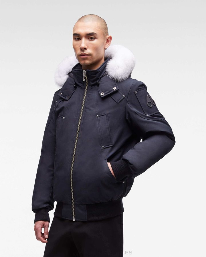 Navy / Natural Fox Fur Men Moose Knuckles Original Ballistic Bomber Fur Bomber Jackets | FTP-370615