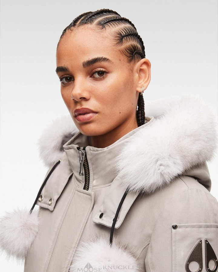 Storm Grey / Natural Fox Fur Women Moose Knuckles Original Stirling Parka Fur Parkas | UIR-412057