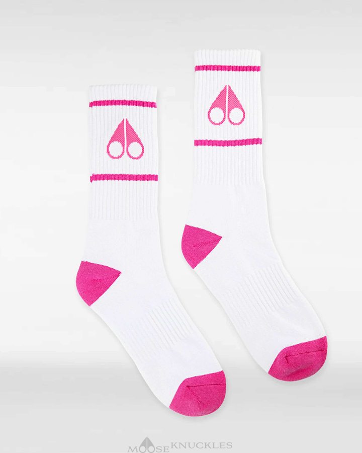 White / Fashion Pink Men Moose Knuckles Logo Icon Socks Socks | NCS-146809